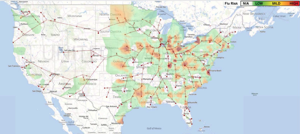 a flow map of the number of travels derived from Twitter posts